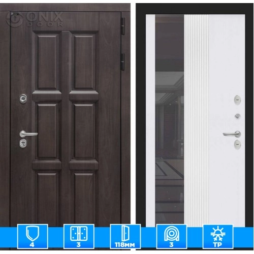 Входная дверь Лондон с Зеркалом 32 тонированным - Белый рельеф софт