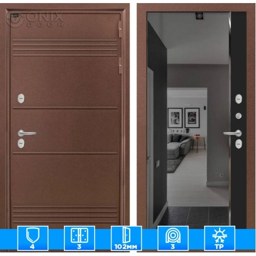 Входная дверь Термо Лайт с зеркалом Панорама с тонировкой - Черный кварц