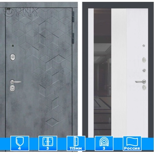 Входная дверь Бетон с Зеркалом 32 тонированным - Белый рельеф софт