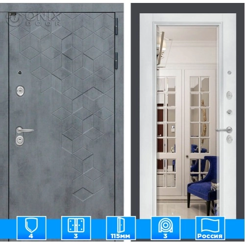 Входная дверь Бетон с Зеркалом Фацет - Белый софт