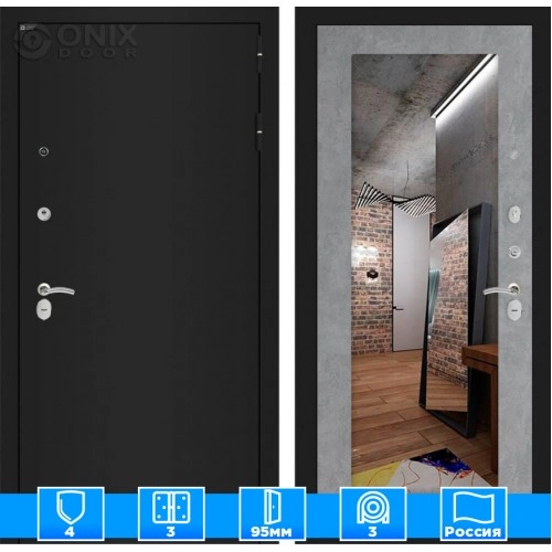 Входная дверь CLASSIC шагрень черная с Зеркалом 18 - Бетон светлый