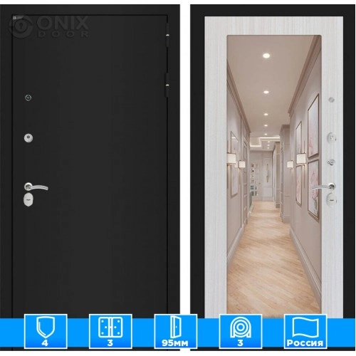 Входная дверь CLASSIC шагрень черная с Зеркалом 18 - Сандал белый