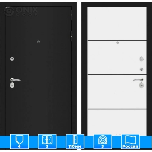 Входная дверь CLASSIC шагрень черная 25 - Белый софт, черный молдинг