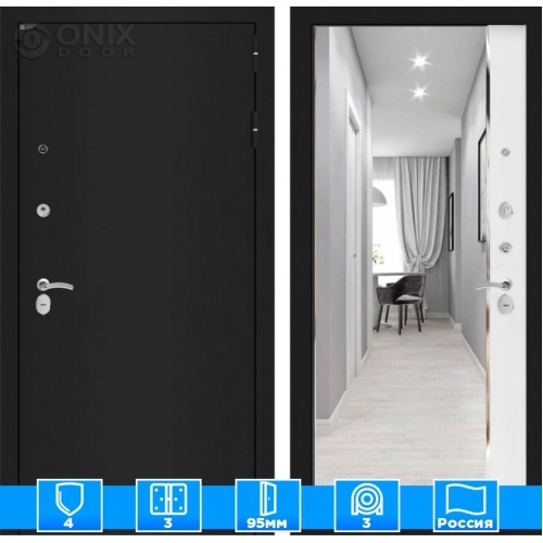 Входная дверь CLASSIC шагрень черная с зеркалом Панорама - Белый софт