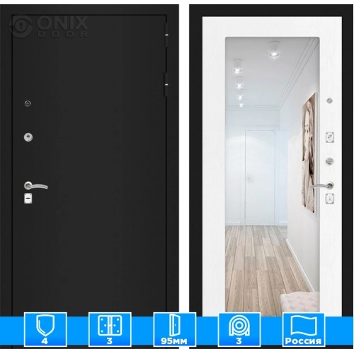 Входная дверь CLASSIC шагрень черная с Зеркалом 18 - Белое дерево