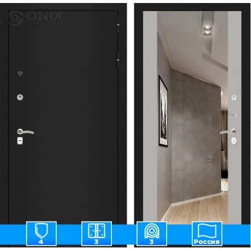 Входная дверь CLASSIC шагрень черная с Зеркалом Максимум - Софт Грей