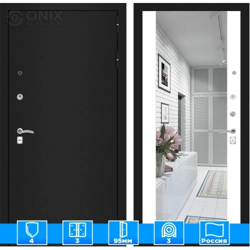 Входная дверь CLASSIC шагрень черная с Зеркалом Максимум - Белый софт