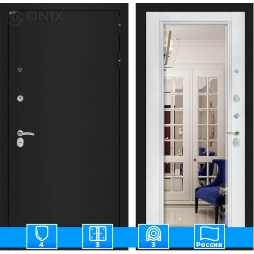 Входная дверь CLASSIC шагрень черная с Зеркалом Фацет - Белый софт