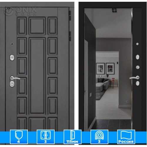 Входная дверь Нью-Йорк с зеркалом Панорама с тонировкой - Черный кварц