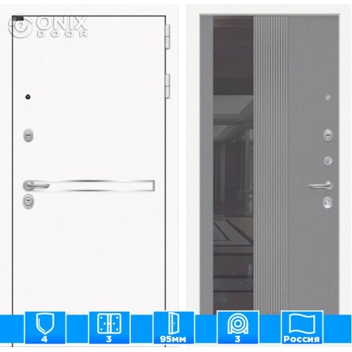 Входная дверь Лайн WHITE с Зеркалом 32 тонированным - Серыйрельефсофт