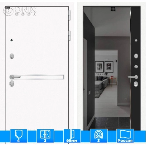 Входная дверь Лайн WHITE с зеркалом Панорама с тонировкой - Черный кварц