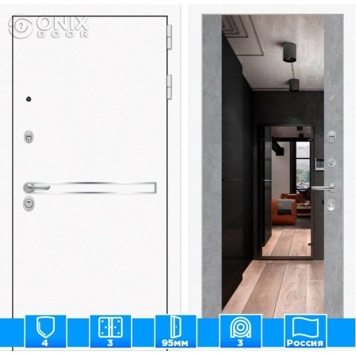 Входная дверь Лайн WHITE с Зеркалом Максимум - Бетон светлый