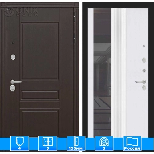 Входная дверь Мегаполис с Зеркалом 32 тонированным - Белый рельеф софт