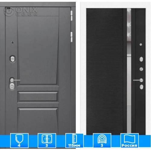 Входная дверь Платинум 31 - Черный кварц, зеркальная вставка с тонировкой