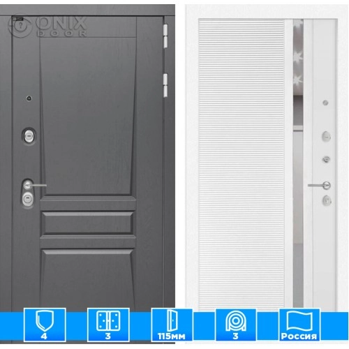 Входная дверь Платинум 31 - Белый софт, зеркальная вставка с тонировкой