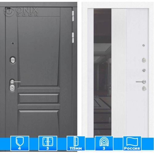 Входная дверь Платинум с Зеркалом 32 тонированным - Белый рельеф софт