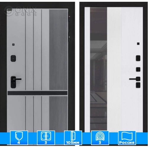 Входная дверь SKYLAB с Зеркалом 32 тонированным - Белый рельеф софт